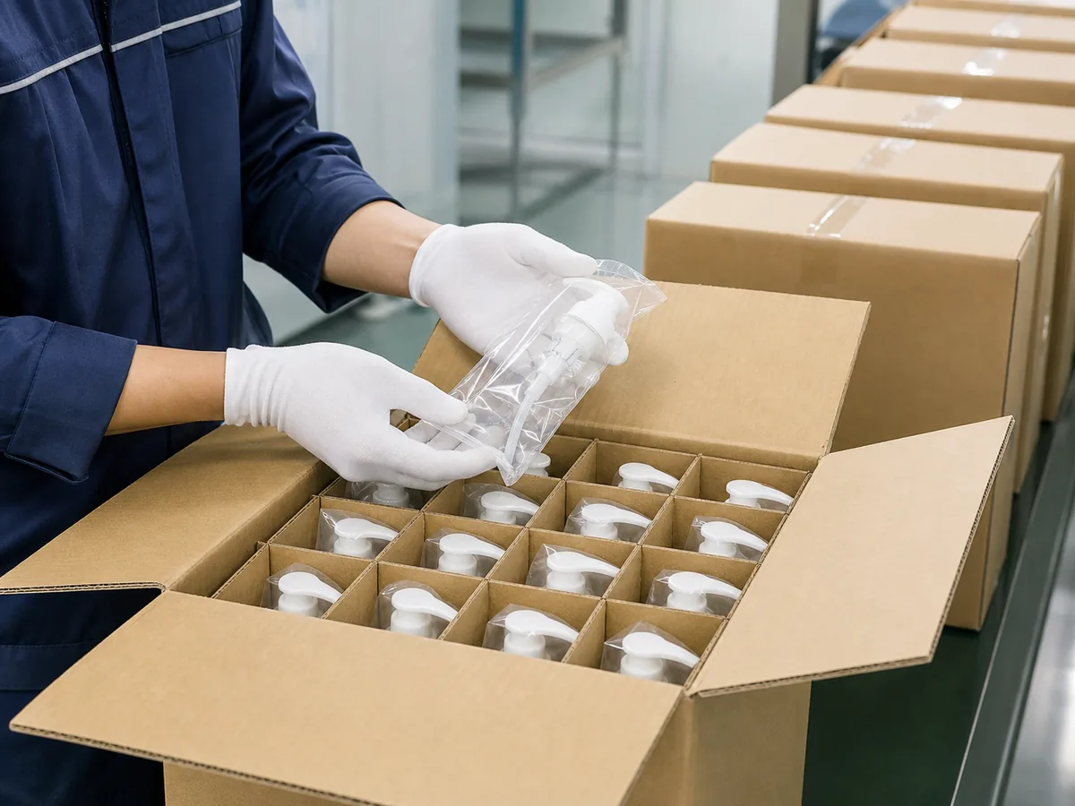 Quality inspector checking lotion pumps and export cartons before shipment