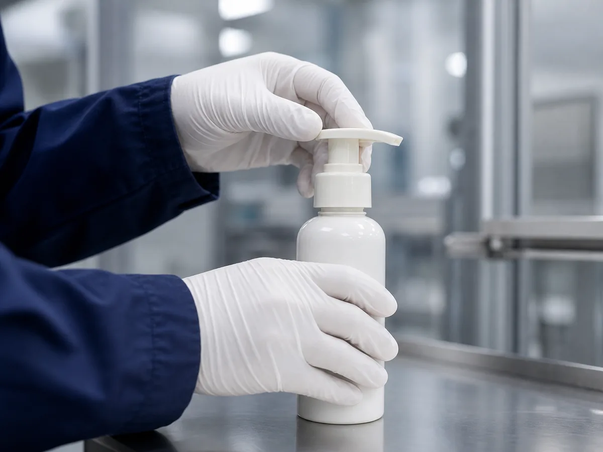 Quality inspector checking lotion pump and bottle fit and alignment
