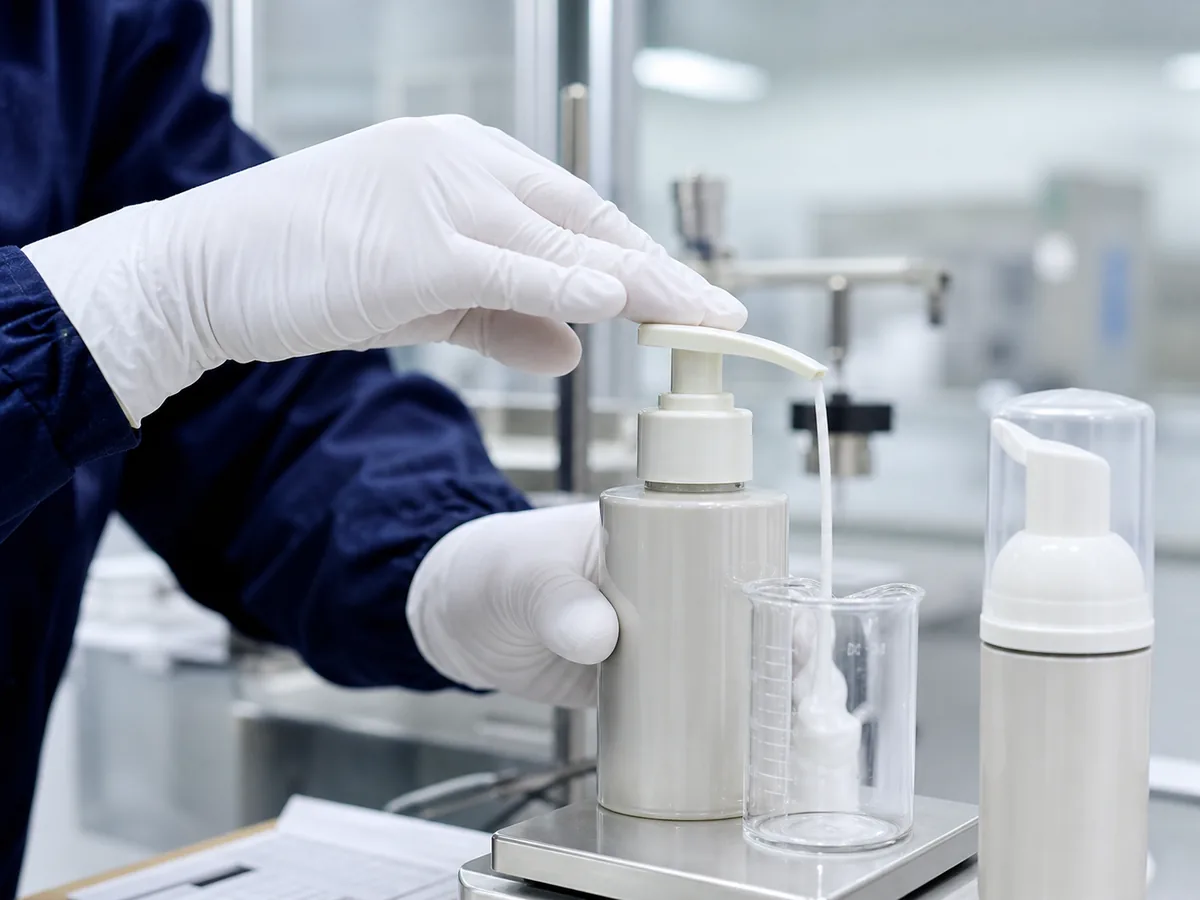 Technician testing lotion pump actuation and dispensing performance
